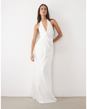Six Stories Bridal Satin Scarf Halter Neck Twist Front Maxi Dress - White
