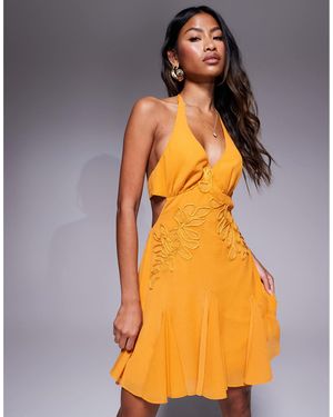 ASOS Embroidered Halter Mini Dress With Godets - Orange