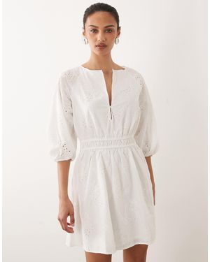 Mango 100% Cotton Long Sleeve Embroidered Mini Dress - White