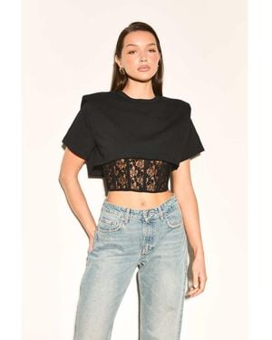 Noughts & Kisses Cotton Rich Padded Shoulder Lace Corset Waist Detail Top - Black