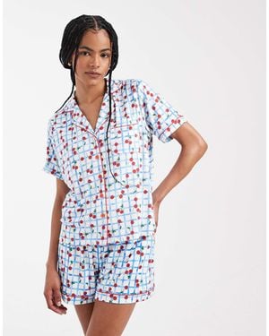 Threadbare Button Down Super Soft Short Pyjama Set With Cherry Print - Blue