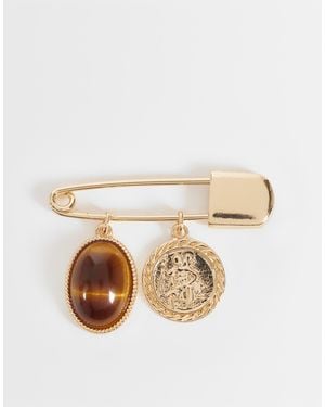 ASOS Faux Tigers Eye Stone And Coin Safety Pin Brooch - Natural