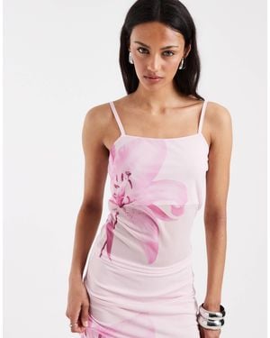 Pieces Overblown Placement Floral Print Mesh Top Co-Ord - Purple