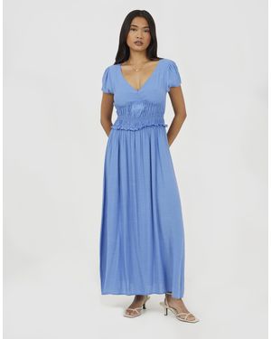 Brave Soul Maxikleid mit kurzen ärmeln und smokbund - Blau