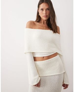 Wanderdoll Yasmin Bardot Boucle Knit Dramatic Foldover Flared Sleeve Top Co-ord - Natural