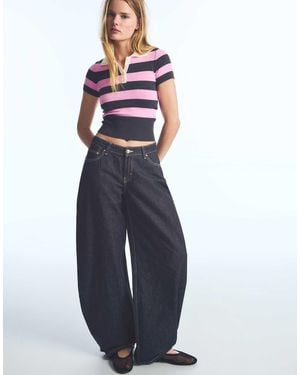 Bershka Pull en maille à rayures à manches courtes - Bleu