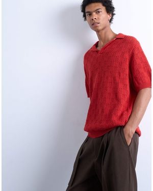 TOPMAN Knitted Check Crochet Polo - Red