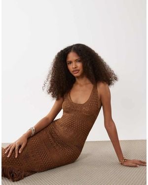 River Island Metallic Fringed Asymetic Knitted Midi Dress - Brown