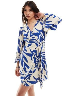 Jdy Wrap Kimono Dress Beige With Blue Palm Print