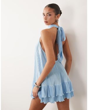 ASOS Plisse Halter Neck Mini Dress With Ruffle Hem - White