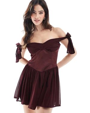 The Frolic Exclusive Bardot Tie Sleeve Corset Mini Dress - Red