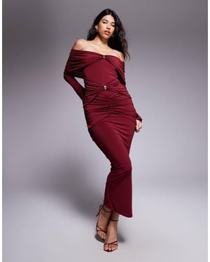 Ruched & Ready Sculpted Off Shoulder Gold Hardware Ruched Detail Bodycon Maxi Dress - Red