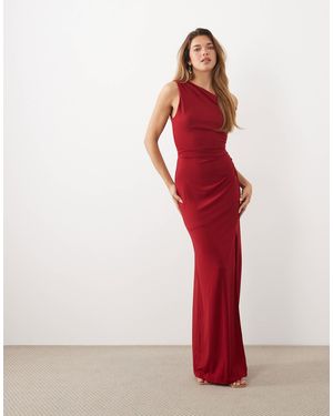 TFNC London Slinky Fallen Shoulder Thigh Slit Maxi Dress - Red