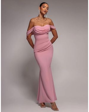 Goddiva Bardot & Chiffon Cowl Maxi Dress - Pink