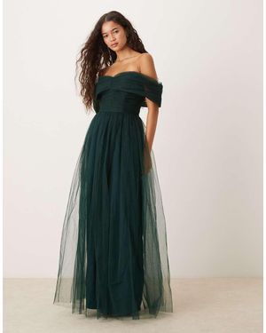 LACE & BEADS Bow Fallen Shoulder Maxi Tulle Dress - Blue