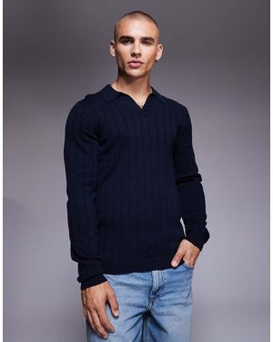 ASOS Muscle Fit Long Sleeve Knit Ribbed Notch Neck Polo - Blue
