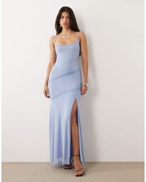 ASOS Tonal Contrast Lace Trim Mesh Maxi Dress With Tie Details - Blue