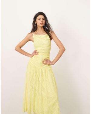 ARRANGE Lace Ruched Dropped Waist Midi Dress - Yellow