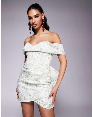 Lavish Alice Vestido Corto Verde Estampado Con Escote Bardot Y Cordones De - Gris