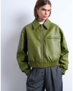 TOPSHOP Faux Bubble Leather Cropped Bomber Jacket - Green
