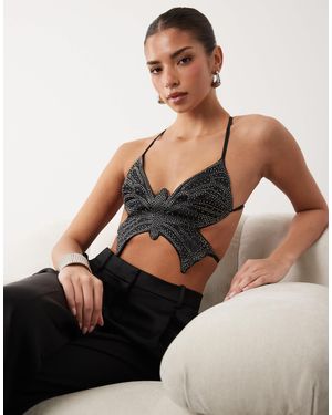 Oh Polly Embellished Halter Neck Cut Out Tie Back Top - Black