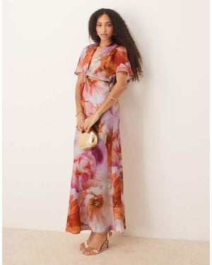 ASOS Satin Knot Detail Cutout Midi Dress Pink Orange Floral