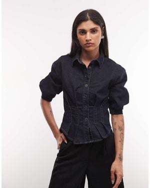 AllSaints Nancy Geplooid Denim Overhemd Met Ballonmouw En Taillebanddetail - Zwart