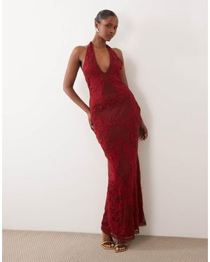 ASOS Premium Embroide Applique Scoop Halter Maxi Dress - Red