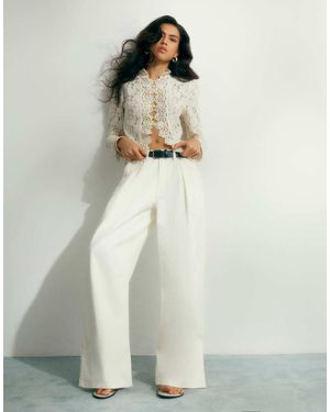 River Island Belted Pleated Wide Leg Jeans - White