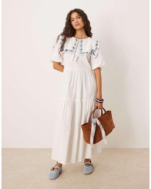 Neon Rose Embroidered Detail Puff Sleeve Midi Dress - Natural