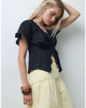 Reclaimed Vintage Flax Textured Tie Front Top With Lace Trim - Blue