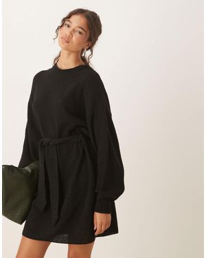 Glamorous Rib Knit Tie Waist Mini Knitted Dress - Black