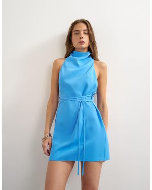 TOPSHOP Heavy Crepe High Cowl Neck Mini Dress With Tie Waist - Blue