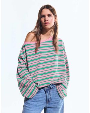 Bershka Printed Asymmetric Neck Long Sleeve T-Shirt - Blue