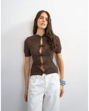 TOPSHOP Knitted Short Sleeve Mandarin Collar Cardigan - Brown