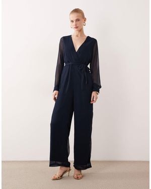 Vila V Neck Tie Waist Chiffon Jumpsuit - Blue