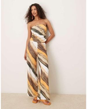 ASOS Broek Van Kreukelstof Met Wijde Pijpen En Abstracte Print, Deel Van Co-Ord Set - Naturel