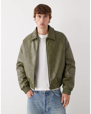 Prohibited Oversized Drop Shoulder Pu Leather Bomber Jacket - Green
