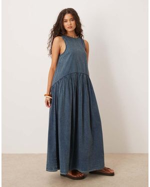 ASOS Slash Neck Smock Midi Dress With Dropped Waist - Blue