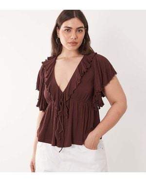 ASOS Asos Design Curve Crinkle Plunge Ruffle Flutter Sleeve Top - Brown