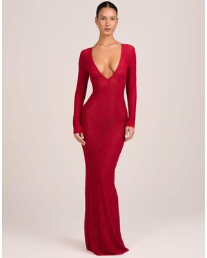 Oh Polly Lace Plunge Neck Maxi Dress - Red