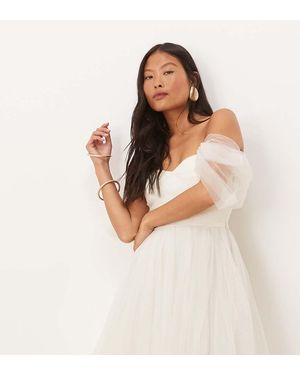 LACE & BEADS Off Shoulder Tulle Mini Dress - Natural