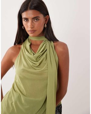 ASOS Sheer Mesh Cowl Neck Top With Fringe Scarf - Green