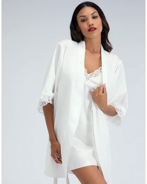 Boux Avenue Amelia Matte Satin Short Robe Lace Trim Comfy Nightwear - White