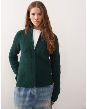 Monki Rib Knit Two Way Zip Cardigan - Green