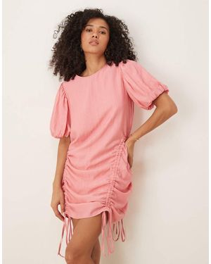 Ghospell Drawstring Puff Sleeve Mini Dress - Pink