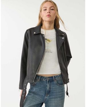 Stradivarius Faux Leather Biker Jacket - Grey