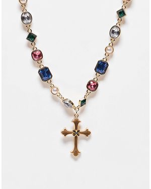 Reclaimed (vintage) Unisex Gem Stone Chocker Necklace With Cross Pendant - White