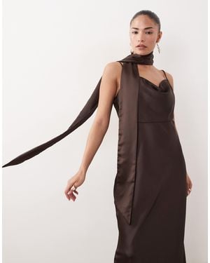 Vero Moda Cowl Neck Satin Cami Midi Dress With Scarf Detail - Brown