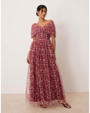 LACE & BEADS Bow Off Shoulder Tulle Maxi Dress - Red